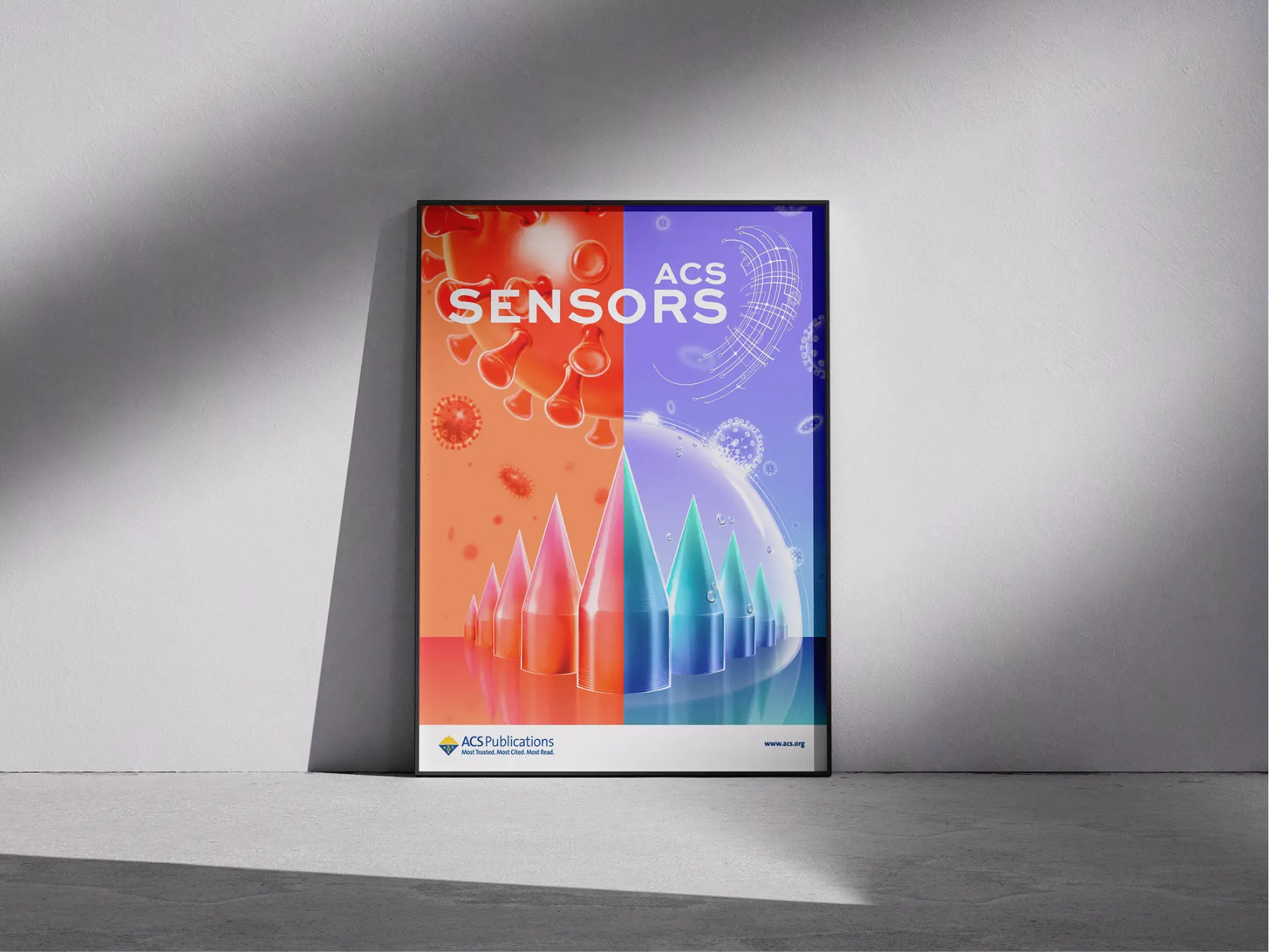 Mockup de un póster científico de gran formato apoyado en el suelo, con bloques de texto, gráficos y figuras organizados en columnas