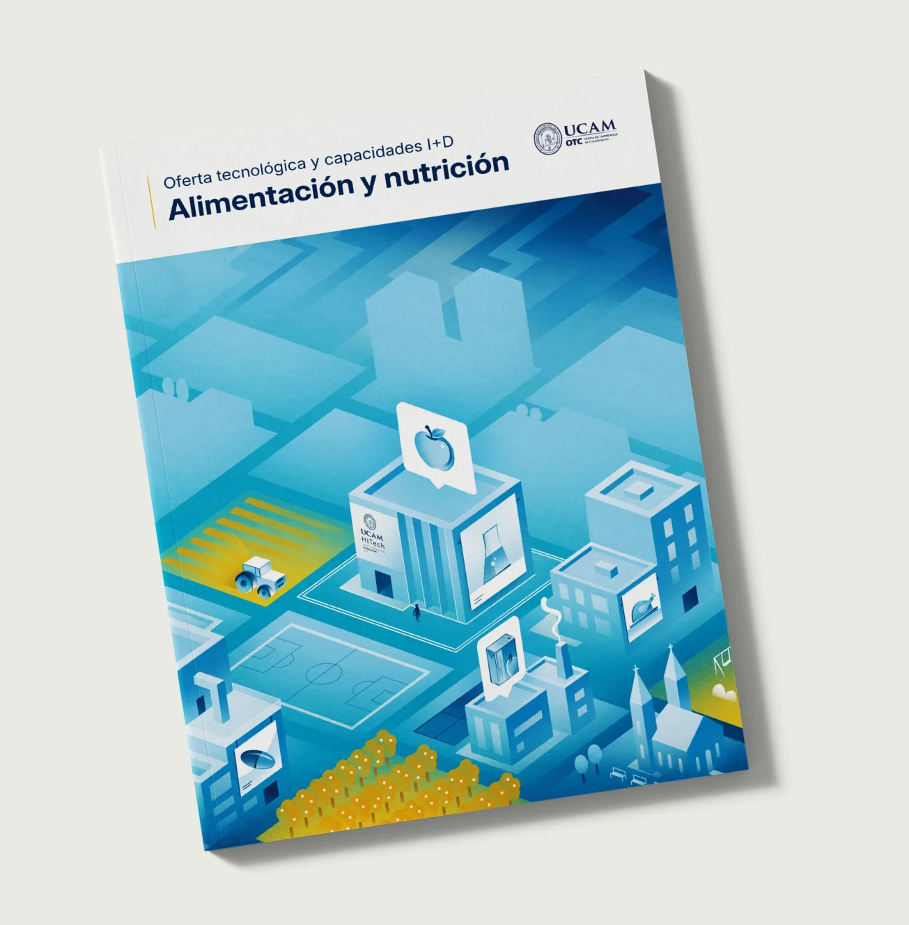 Catálogo institucional de grupos de investigación de la UCAM abierto, con páginas de contenido científico maquetado e infografías