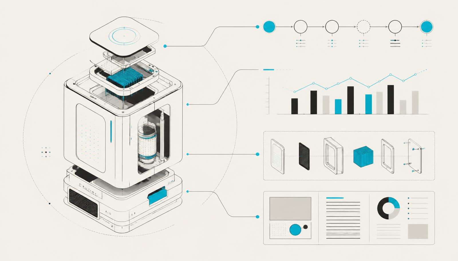 Ilustración conceptual de un dispositivo tecnológico despiezado conectado con un diagrama de proceso, un gráfico de datos y una maqueta de dossier técnico
