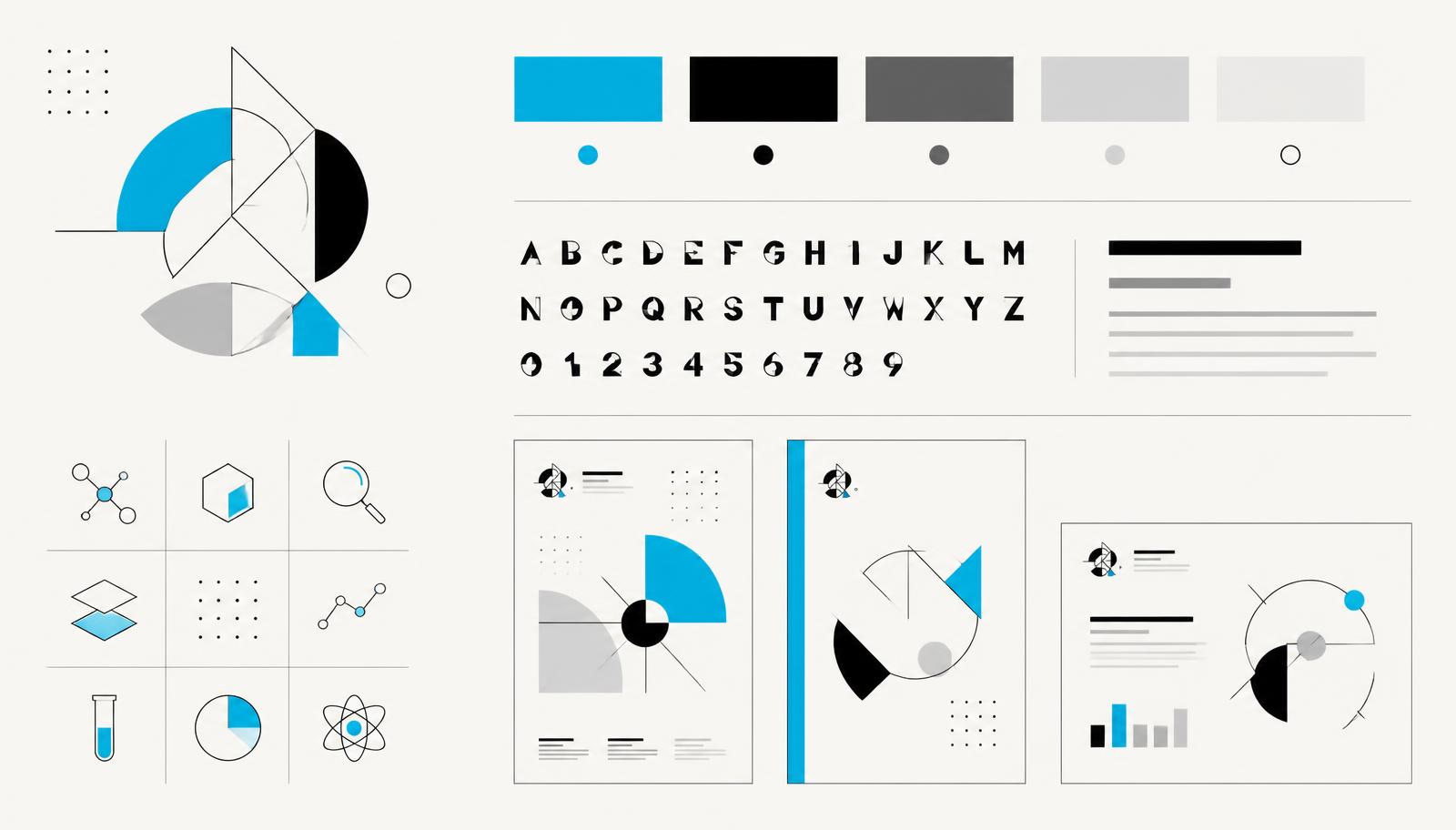 Tablero de sistema visual con identificador geométrico, paleta cromática, muestra tipográfica, iconos y aplicaciones sobre materiales