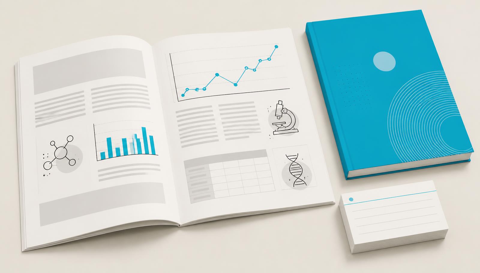 Ilustración editorial de una memoria de investigación abierta con bloques de texto, gráficos de datos, una tabla e iconos científicos